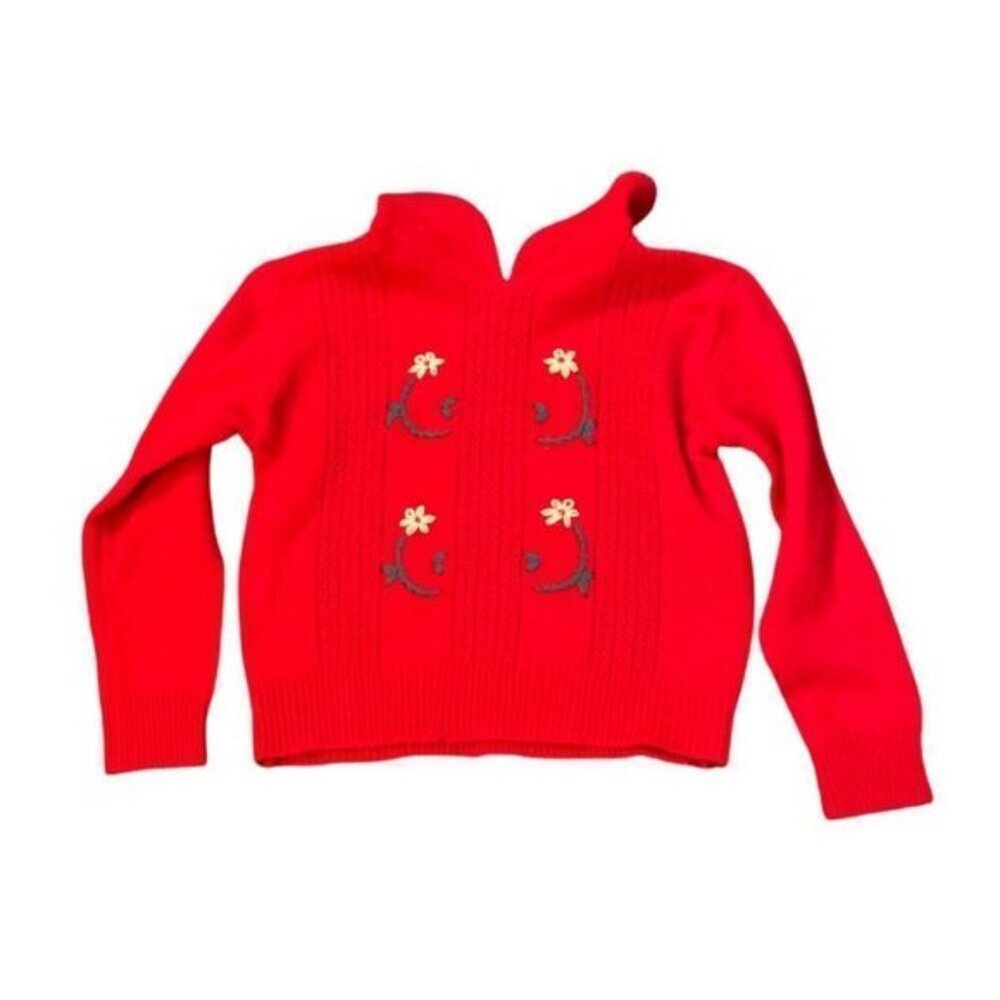 Vintage Girls Novelty Knit Sweater Red w/ Flowers Size 3